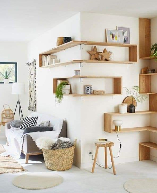 Customized wooden corner shelf design by KPR Builders